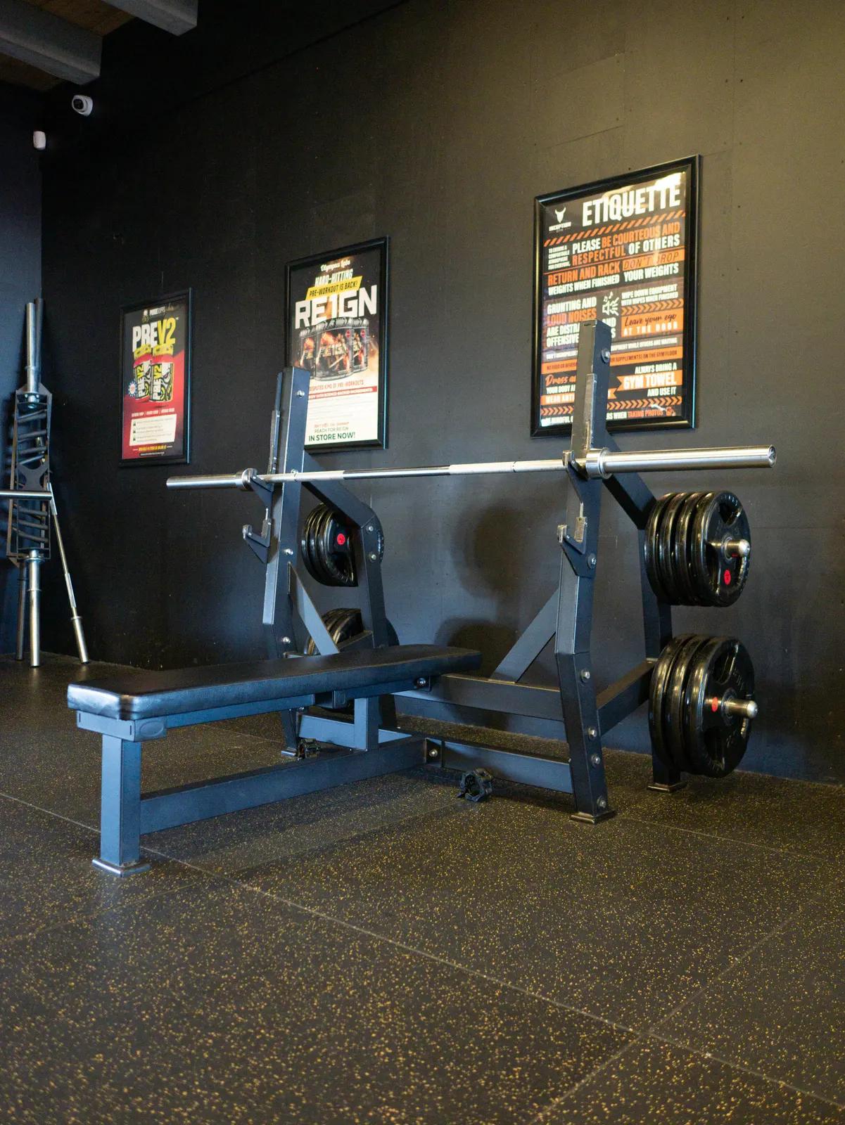 Plate Loaded Horizontal Flat Bench Barbell Bench Press at Inception Gym Christchurch