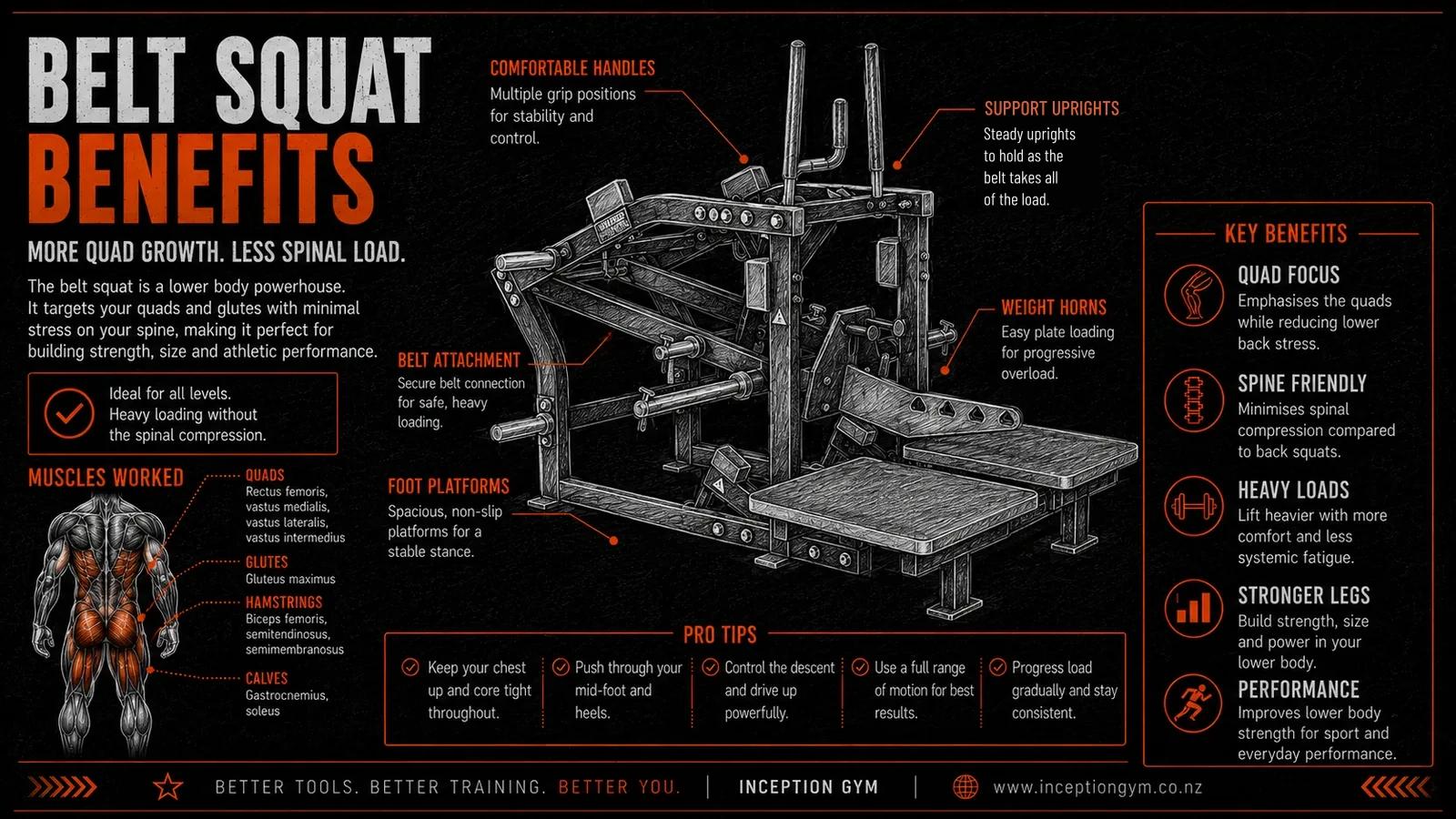 Belt squat machine at Inception Gym Christchurch demonstrating spine-friendly leg training