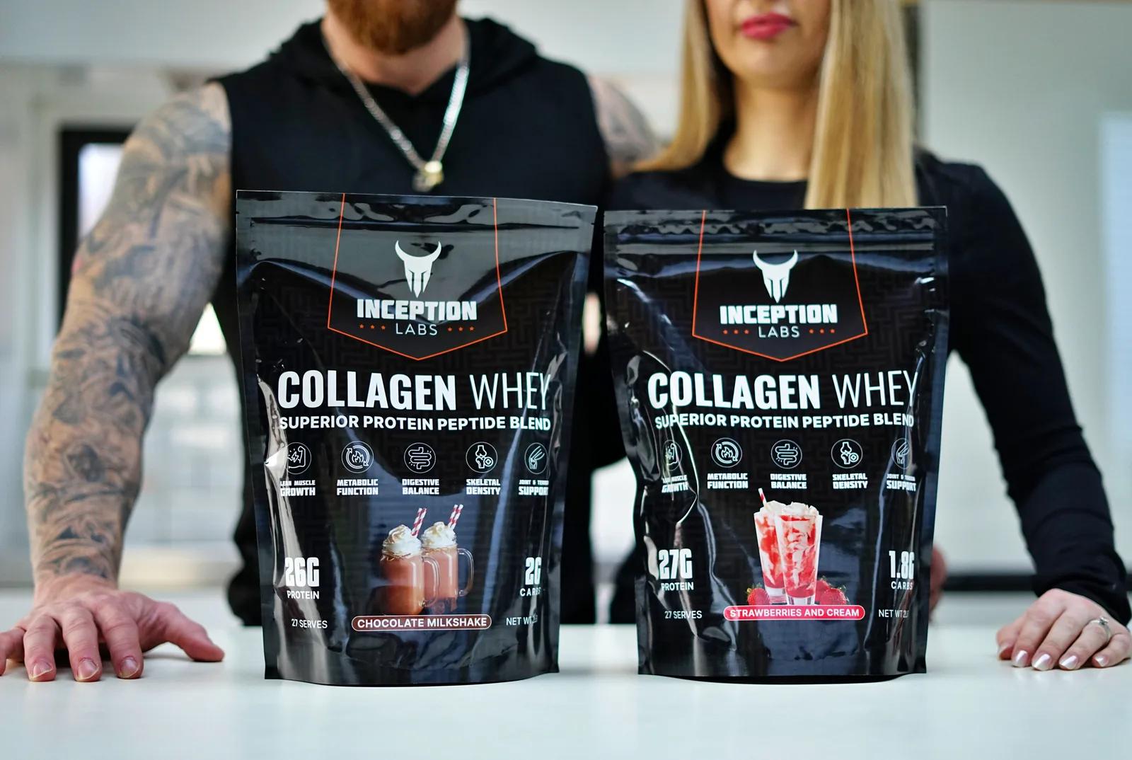 Two people holding Inception Labs Collagen Whey pouches in Chocolate Milkshake and Strawberries and Cream flavours at Inception Gym Christchurch