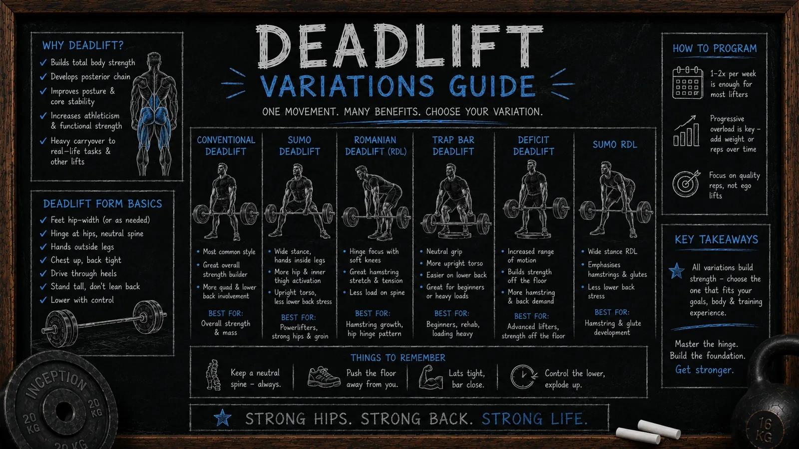 Chalkboard infographic comparing deadlift variations: conventional, sumo, Romanian, trap bar, deficit, and sumo RDL, with what each is best for, deadlift form basics, programming tips, and the reminder that all variations build strength