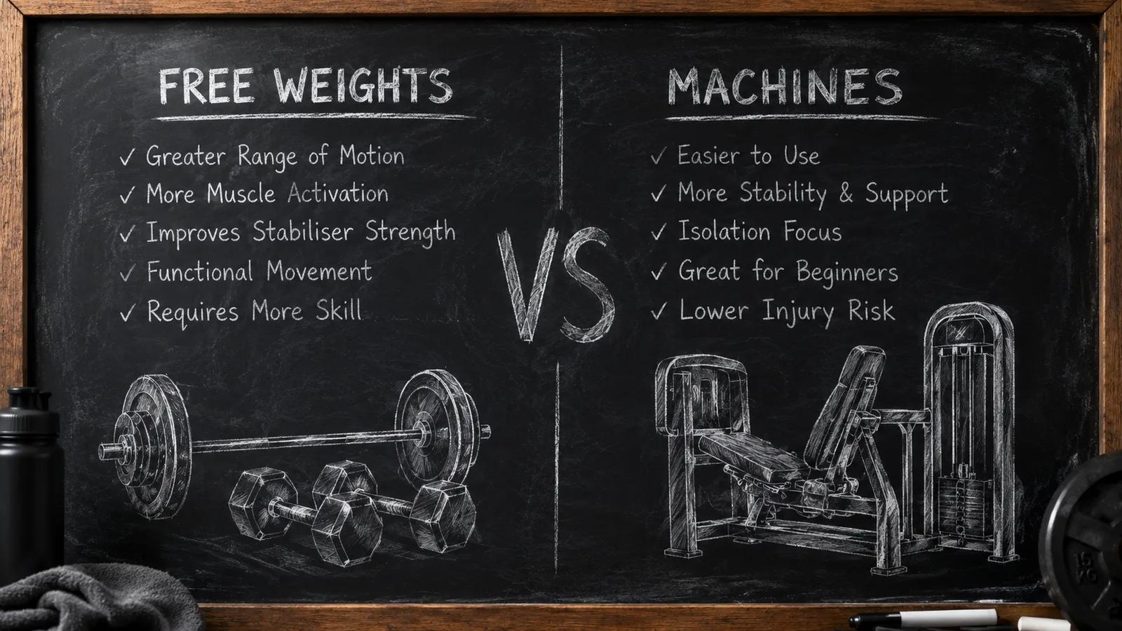 Chalkboard infographic comparing free weights and machines: free weights give greater range of motion, muscle activation and stabiliser strength; machines are easier to use, more supportive, and lower injury risk