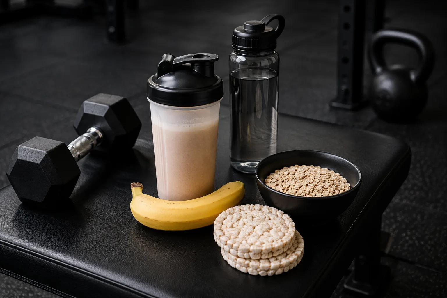 Healthy pre-workout meal and protein shake on a gym bench at Inception Gym Christchurch