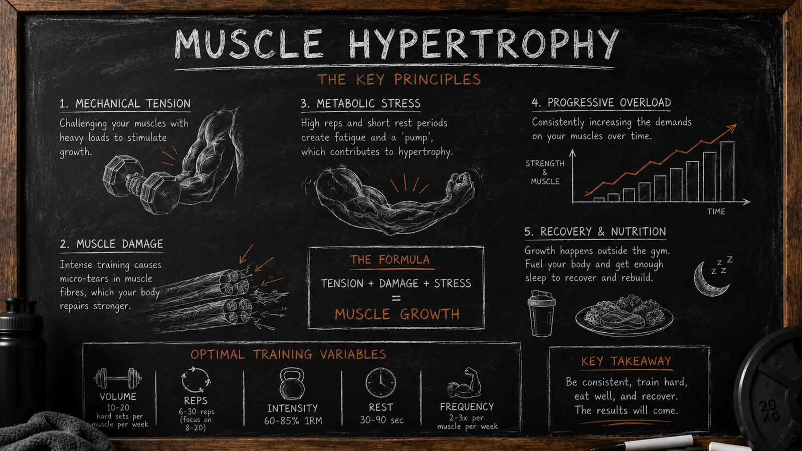Chalkboard infographic of the five key principles of muscle hypertrophy: mechanical tension, muscle damage, metabolic stress, progressive overload, and recovery and nutrition, with optimal training variables for volume, reps, intensity, rest and frequency