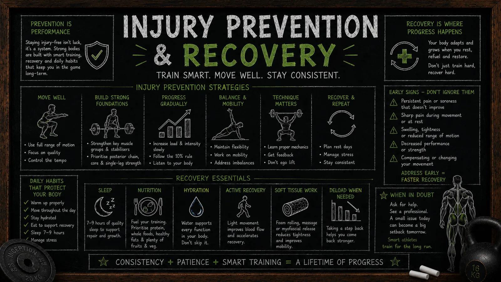 Chalkboard infographic on injury prevention and recovery: prevention strategies, recovery essentials like sleep, nutrition, hydration and soft tissue work, early warning signs not to ignore, and daily habits that protect your body