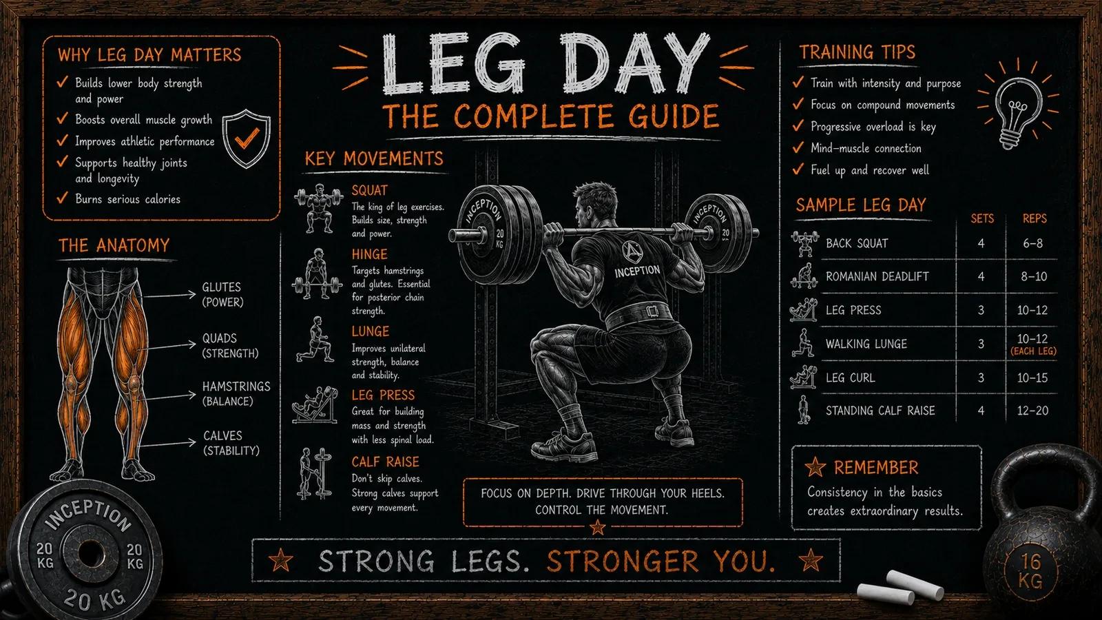 Chalkboard infographic of a complete leg day: key movements including squat, hinge, lunge, leg press and calf raise, leg anatomy, training tips, and a sample leg day with sets and reps for each exercise