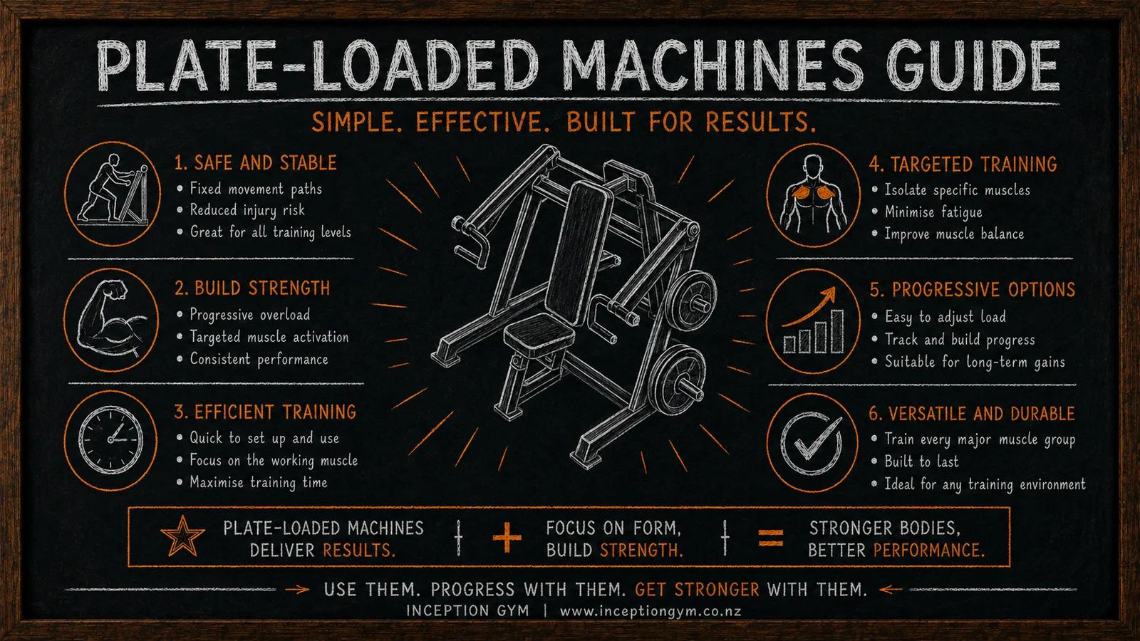 Plate-loaded machine at Inception Gym Christchurch with weight plates loaded and ready for use