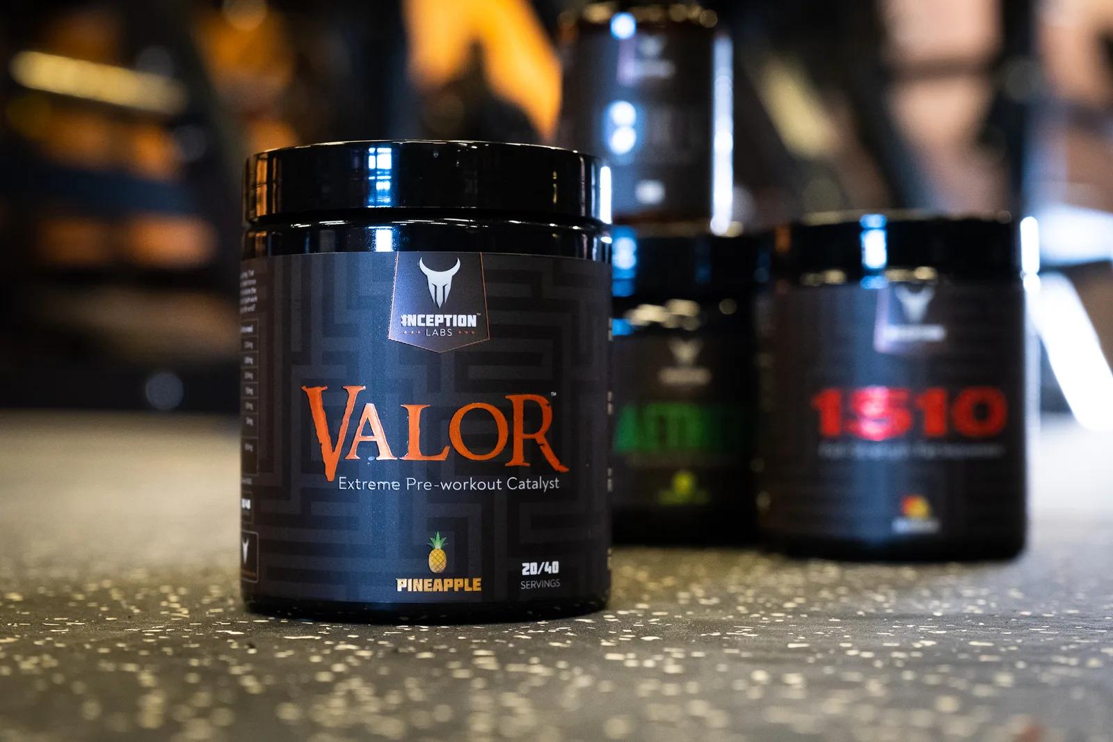 Inception Labs Valor extreme pre-workout jar on the gym floor with Aether and 1510 behind it at Inception Gym Christchurch