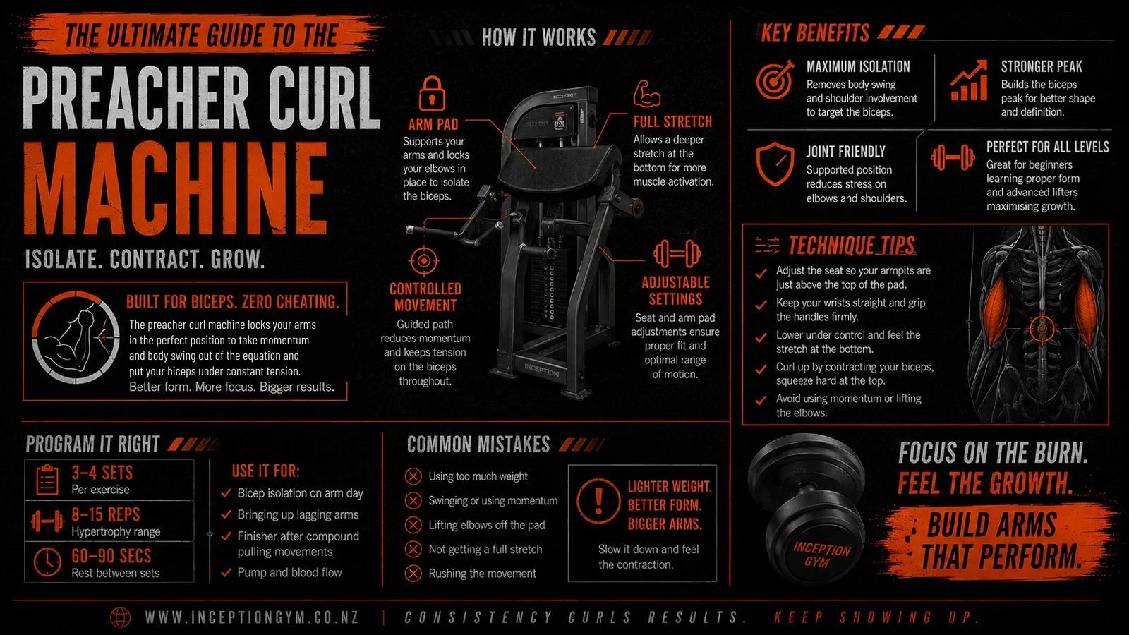 Ultimate guide to the preacher curl machine infographic: how the arm pad, full stretch, controlled movement and adjustable settings isolate the biceps, with key benefits, technique tips, rep ranges and common mistakes