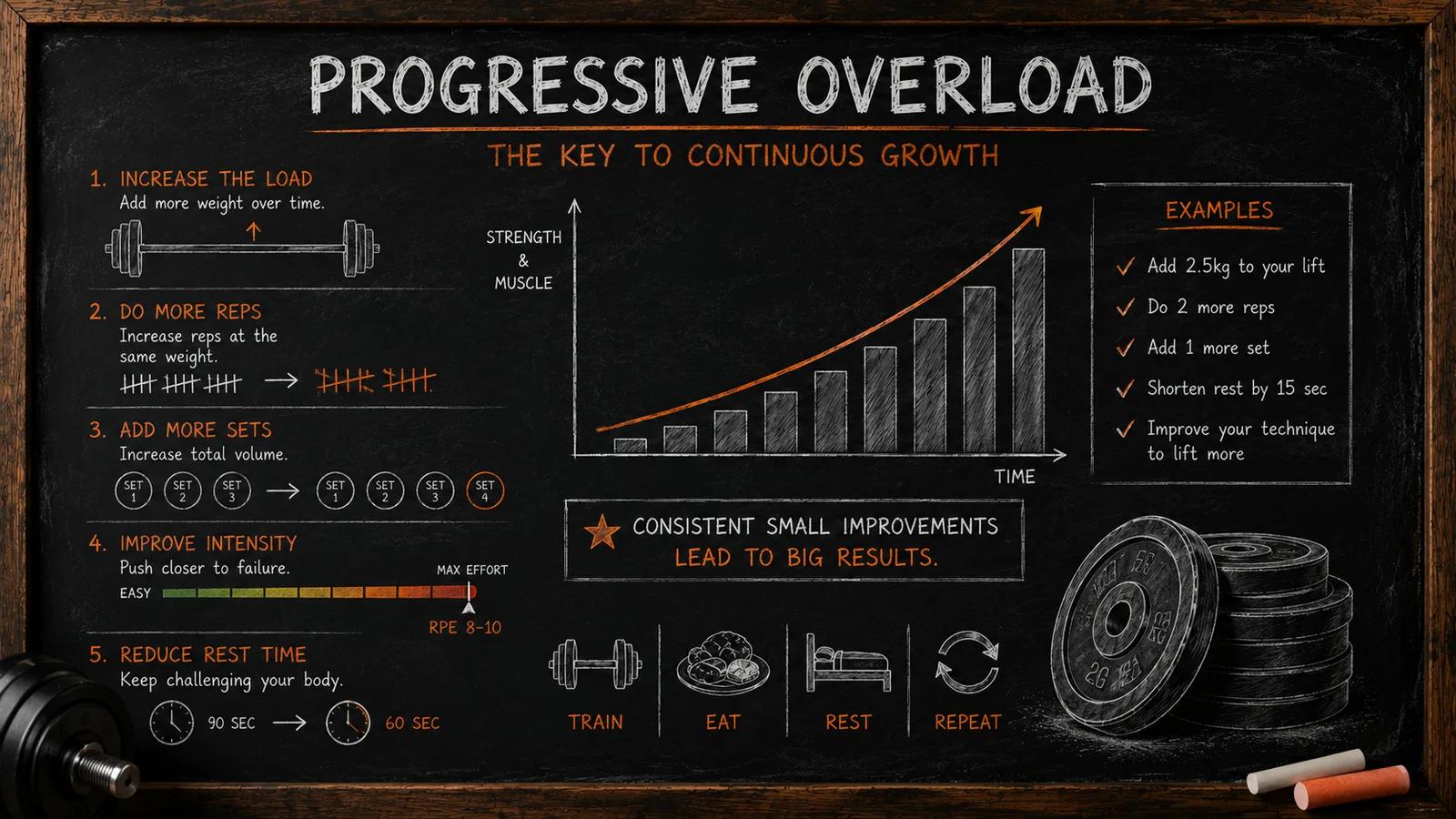 Chalkboard infographic of the five ways to apply progressive overload: increase the load, do more reps, add more sets, improve intensity, and reduce rest time, with a rising strength and muscle graph and practical examples