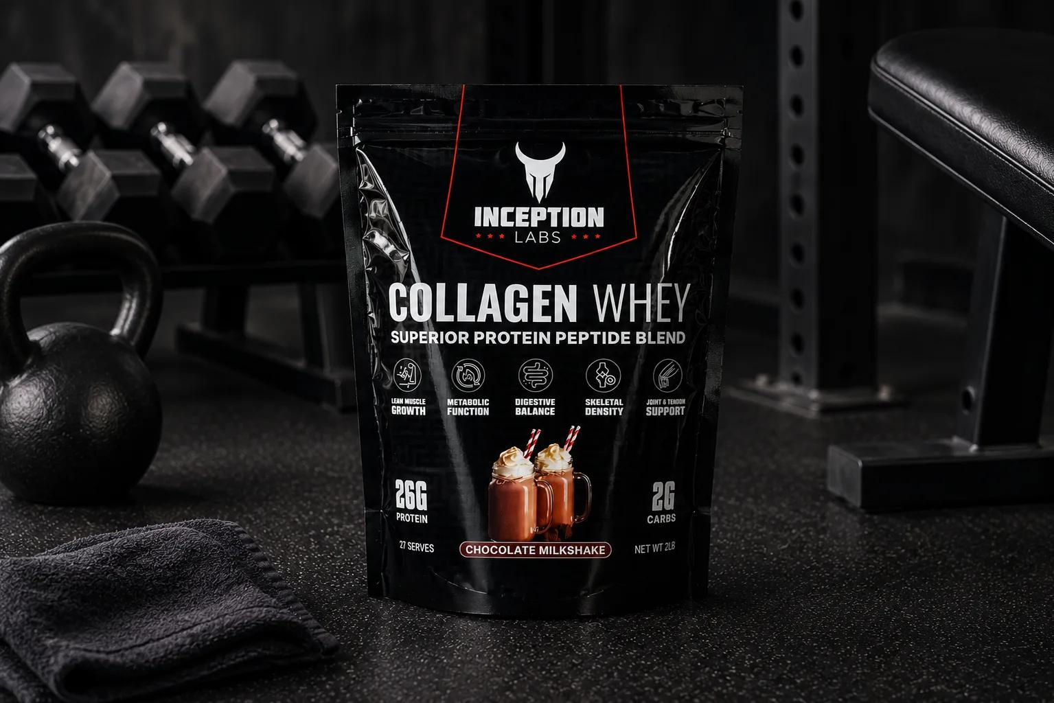 Inception Labs Collagen Whey chocolate milkshake protein pouch on the gym floor beside dumbbells and a kettlebell at Inception Gym Christchurch