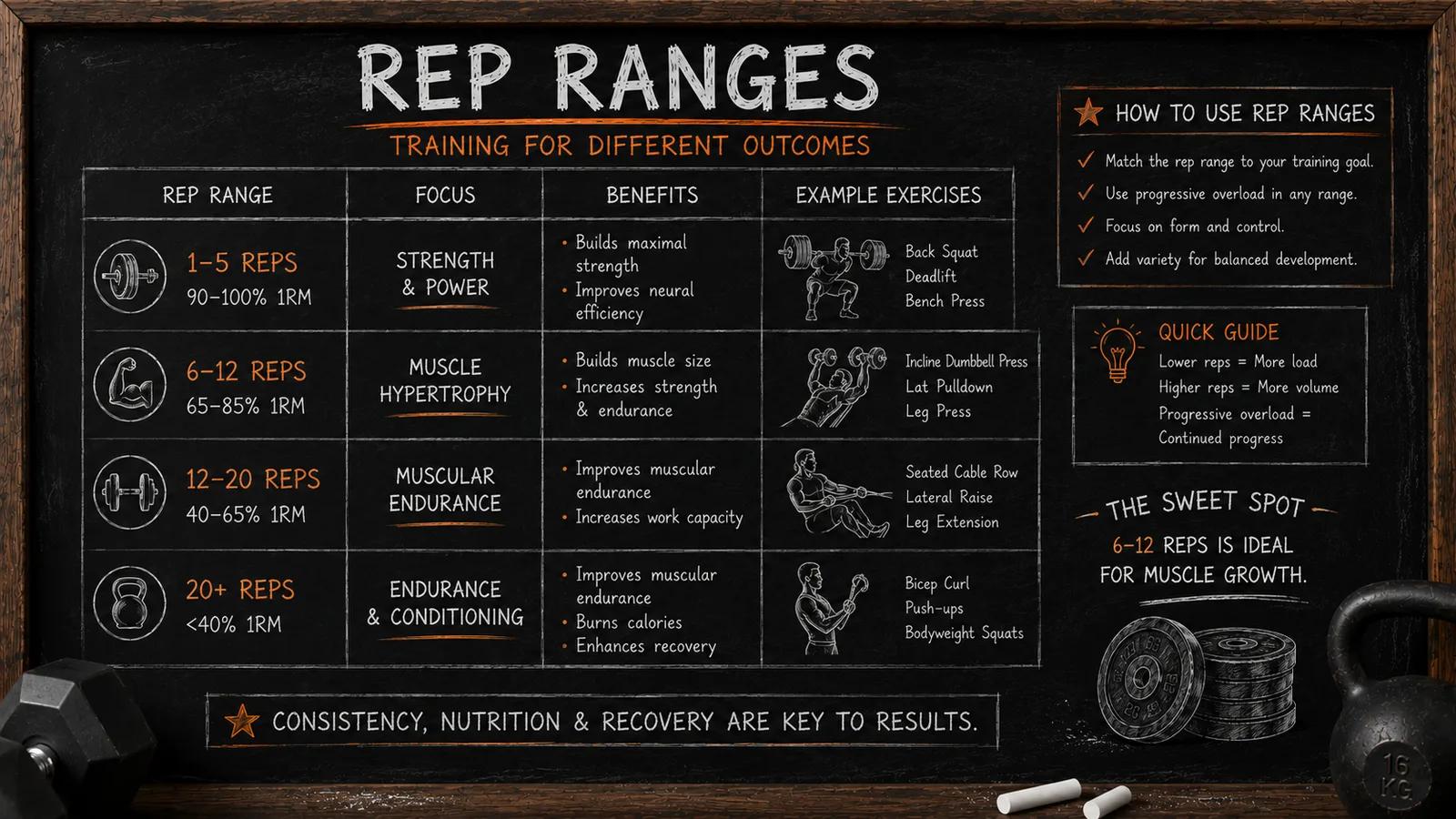 Chalkboard infographic of training rep ranges: 1 to 5 reps for strength and power, 6 to 12 for muscle hypertrophy, 12 to 20 for muscular endurance, and 20 plus for endurance and conditioning, with example exercises and the note that 6 to 12 reps is ideal for muscle growth