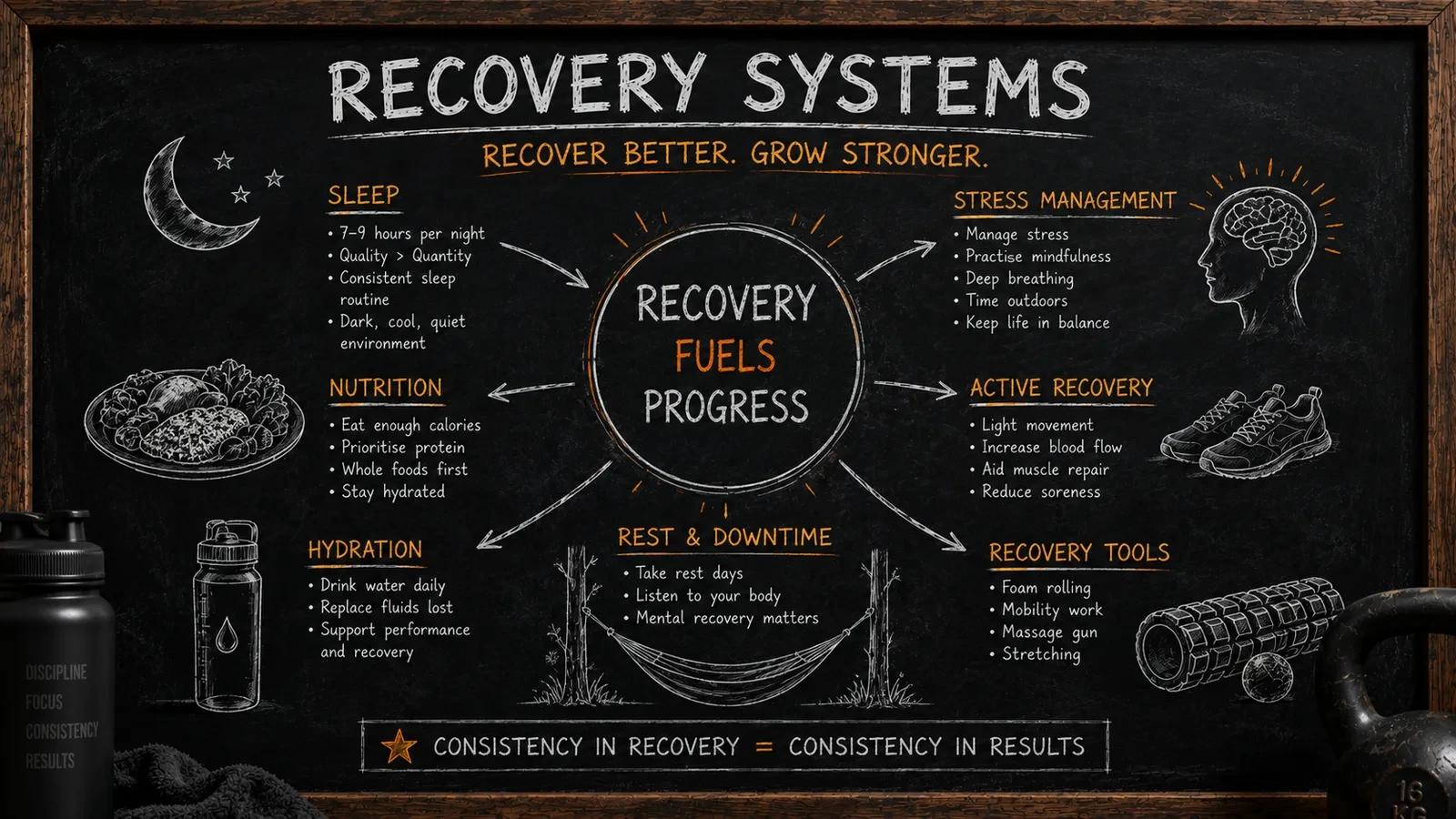 Chalkboard infographic of recovery systems that fuel progress: sleep, nutrition, hydration, stress management, active recovery, rest and downtime, and recovery tools, showing consistency in recovery drives consistency in results
