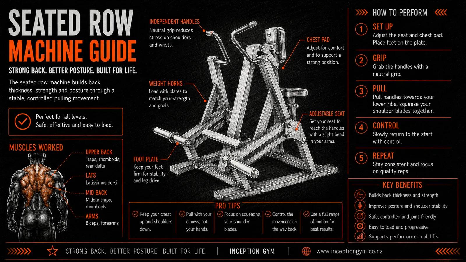 Seated row machine infographic at Inception Gym Christchurch: building mid-back thickness with correct rowing technique