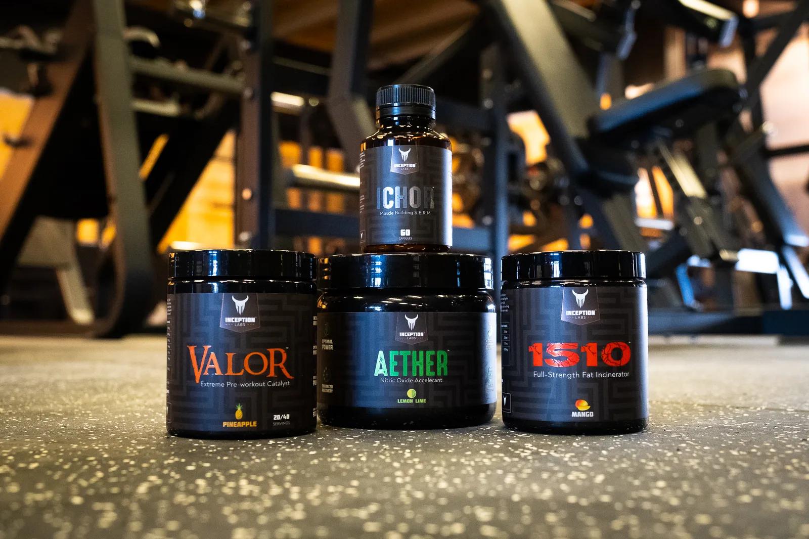 Inception Labs supplement stack of Valor, Aether, 1510, and Ichor lined up on the gym floor at Inception Gym Christchurch
