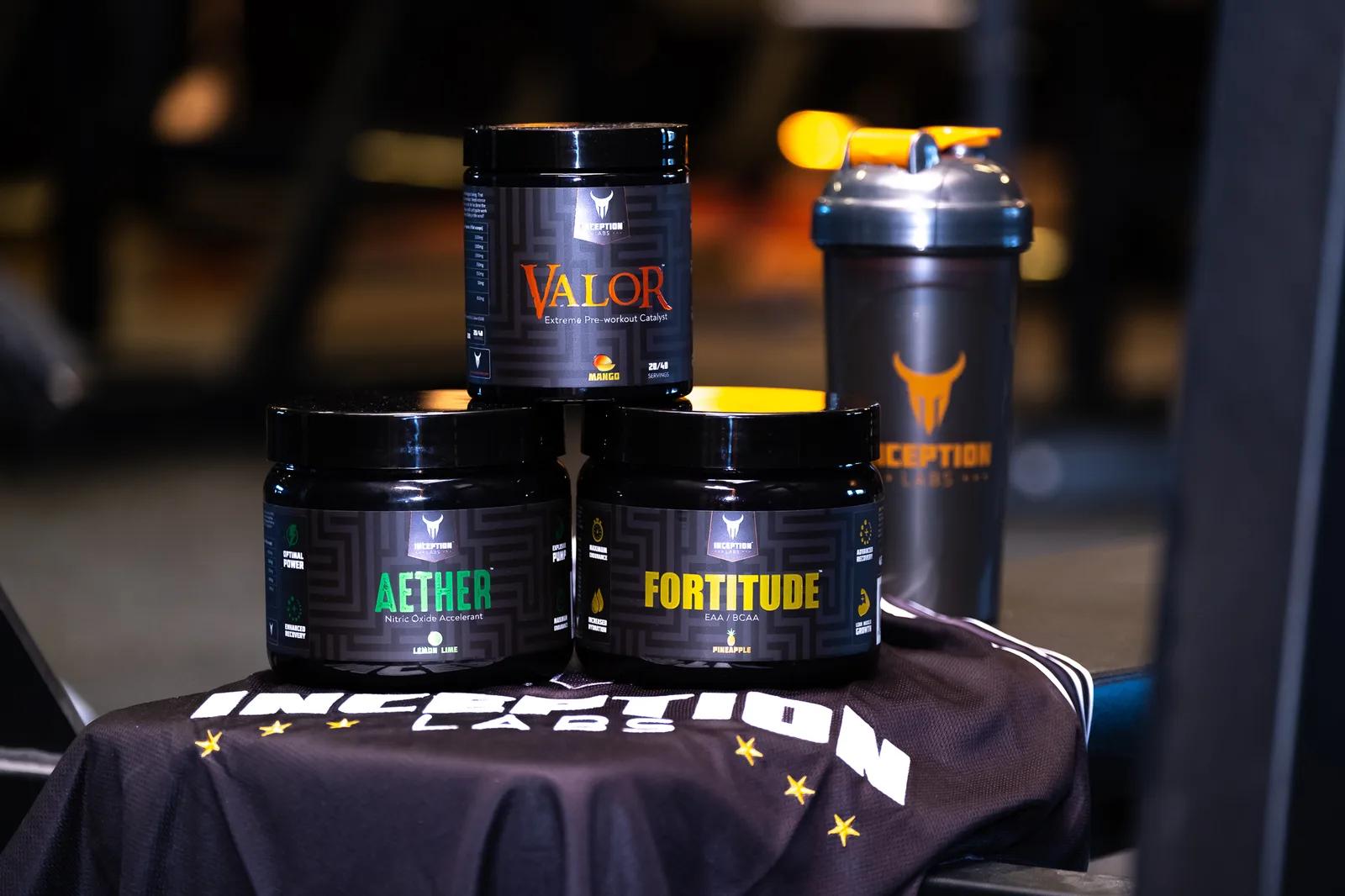 Inception Labs supplements Valor pre-workout, Aether nitric oxide, and Fortitude EAA BCAA stacked with a branded shaker at Inception Gym Christchurch