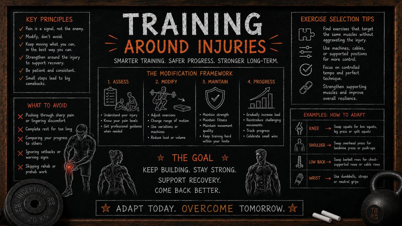 Chalkboard infographic on training around injuries: a four-step modification framework of assess, modify, maintain, and progress, plus key principles, what to avoid, exercise selection tips, and how to adapt around knee, shoulder, low back, and wrist issues