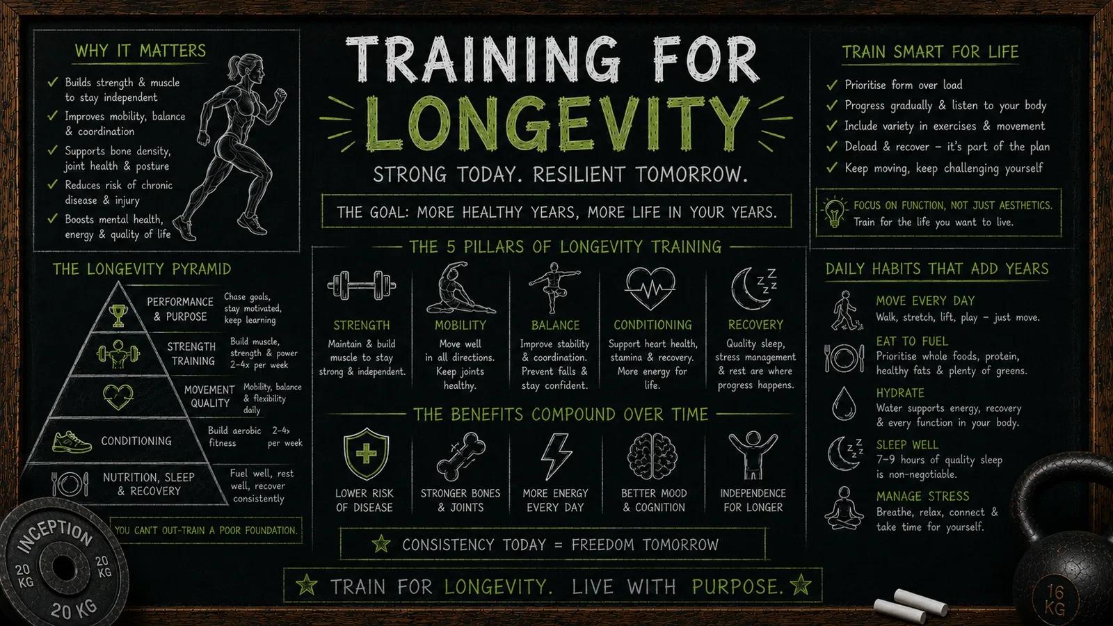 Chalkboard infographic of the five pillars of longevity training: strength, mobility, balance, conditioning, and recovery, with a longevity pyramid, compounding benefits, and daily habits that add years