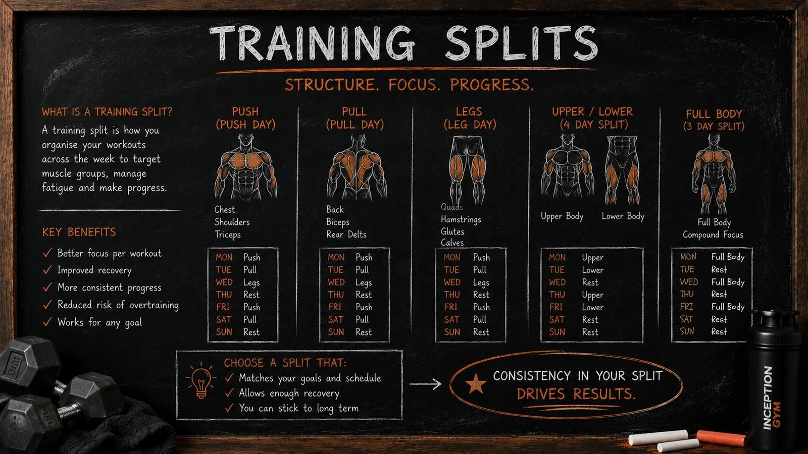 Chalkboard infographic explaining training splits: push, pull, legs, upper lower and full body routines with weekly schedules, key benefits, and how to choose a split that matches your goals and drives consistent results