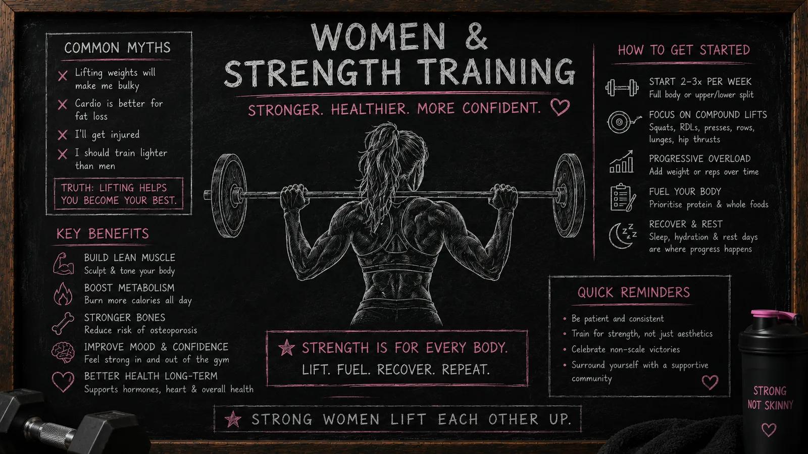 Chalkboard infographic on women and strength training: common myths debunked, key benefits like lean muscle, stronger bones and better mood, how to get started with compound lifts and progressive overload, and the message that strength is for every body