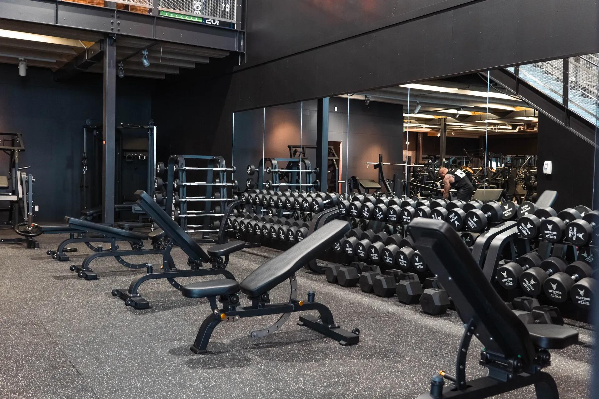 Inception Gym Christchurch training floor with the dumbbell rack and free-weight stations
